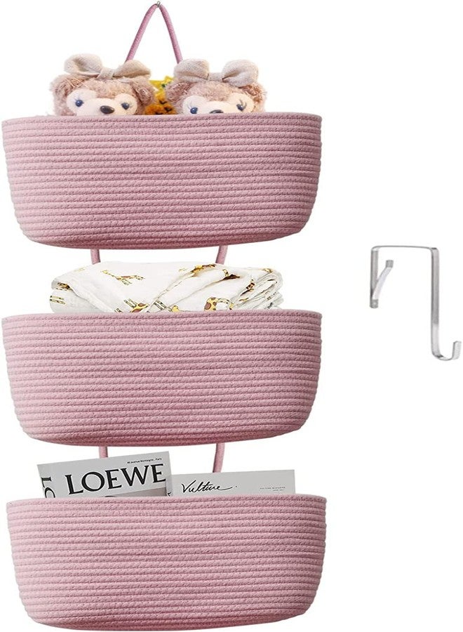 Gleckn Small Basket Cotton Rope Basket With Cat Ears Little Storage Baskets For Organizing Bins Organizer Wicker Nursery Room For Kids Baby Dog Toy Drawer Gifts 9.5"X8.5"X4" (Pink, 3-Tier) - Image 1