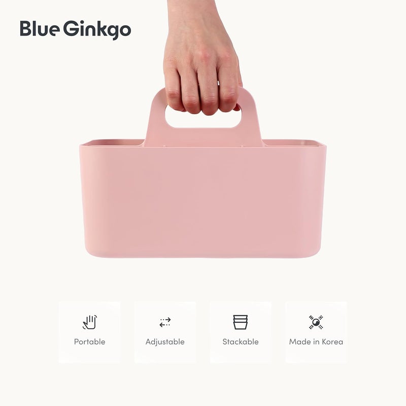 BLUE GINKGO منظم حامل متعدد الاستخدامات - حامل بلاستيكي قابل للتكديس بمقبض | حامل مكتب، مكياج، سكن طلابي، منظمات فنون الفصل الدراسي وحقيبة تخزين (مستطيل) - وردي - Image 5