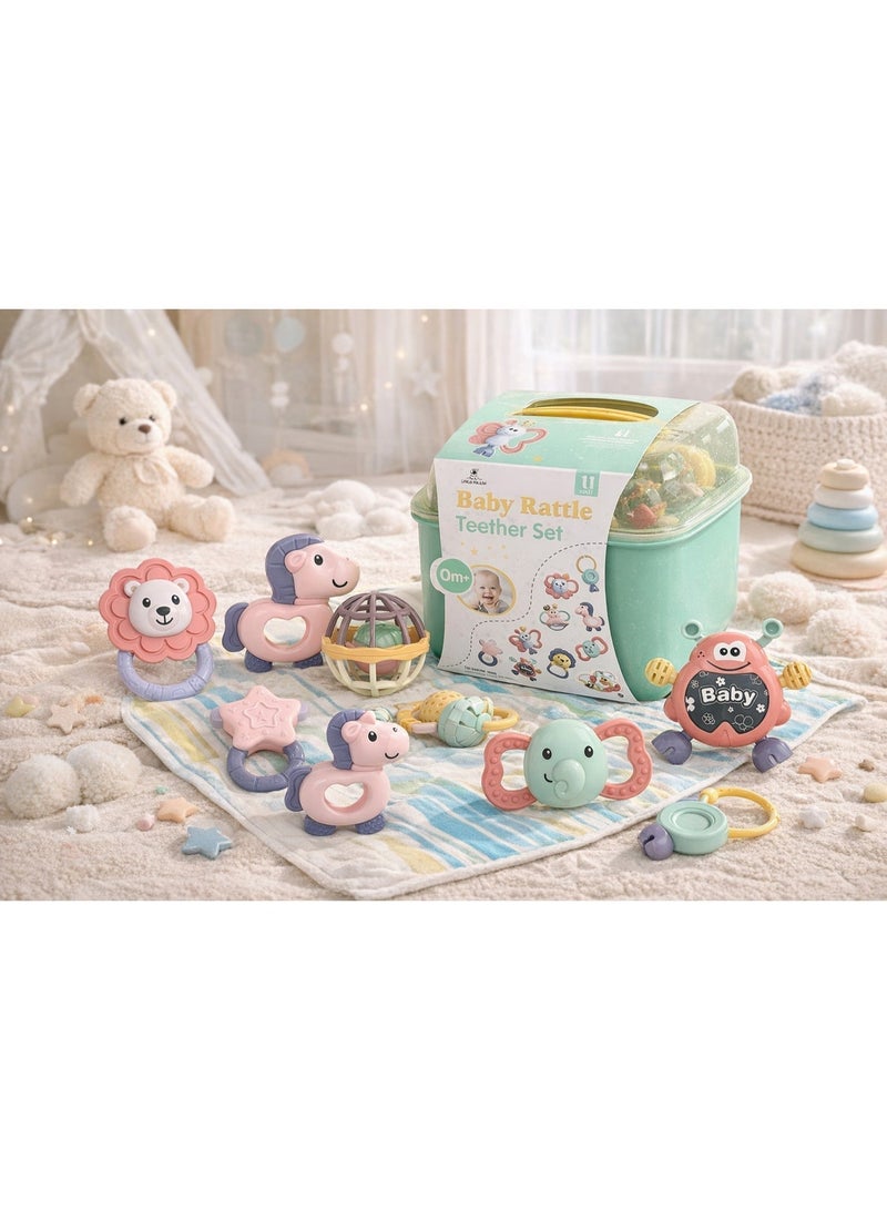 مجموعة ألعاب تسنين للأطفال الرضع مكونة من 11 قطعة، تتضمن خشخيشة، وعضاضات سيليكون خالية من مادة BPA، وخشخيشة حسية للأطفال حديثي الولادة من عمر 0 ​​إلى 12 شهرًا، وألعاب تعليمية مبكرة سهلة الإمساك مع صندوق تخزين. - Image 1