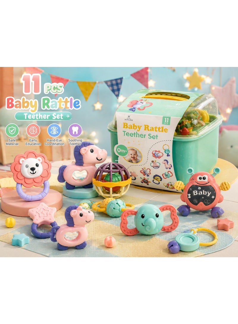 11 pcs Baby Rattle Toy, Infant Teething Toys, Grab and Spin Rattles Toy Set, Food Grade Silicone Material, Baby Toys Gift for Babies 0-12-24 Months Boys Girls, Early Educational Toy Set Baby Shower Gifts - Image 1
