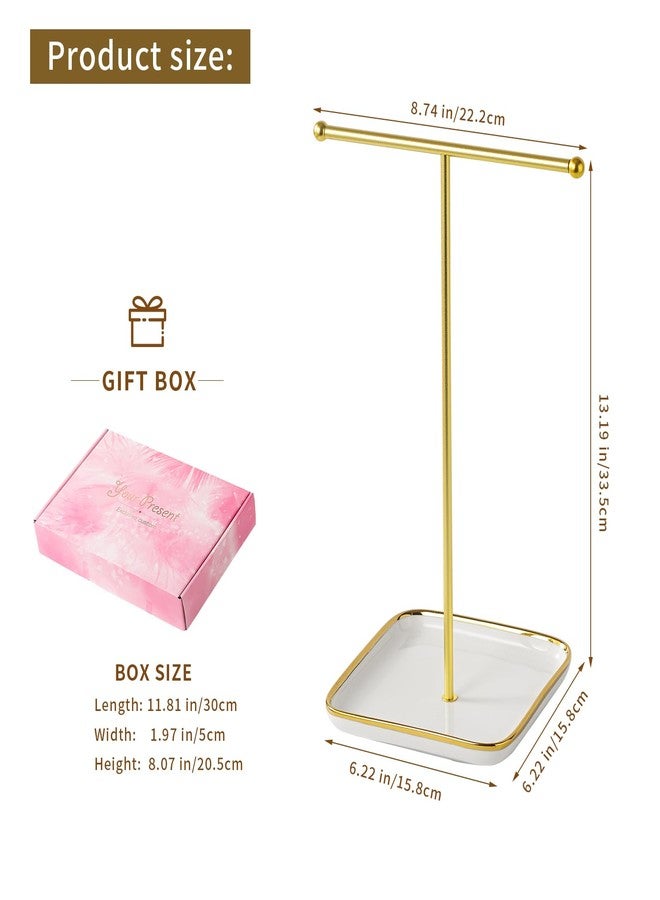 Leijosya modern T-shaped jewelry rack, jewelry tower, gold metal, square ceramic base decoration display tower, necklace, bracelet, ring storage rack (1-layer ceramic disc) - Image 3
