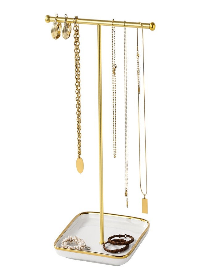 Leijosya modern T-shaped jewelry rack, jewelry tower, gold metal, square ceramic base decoration display tower, necklace, bracelet, ring storage rack (1-layer ceramic disc) - Image 1