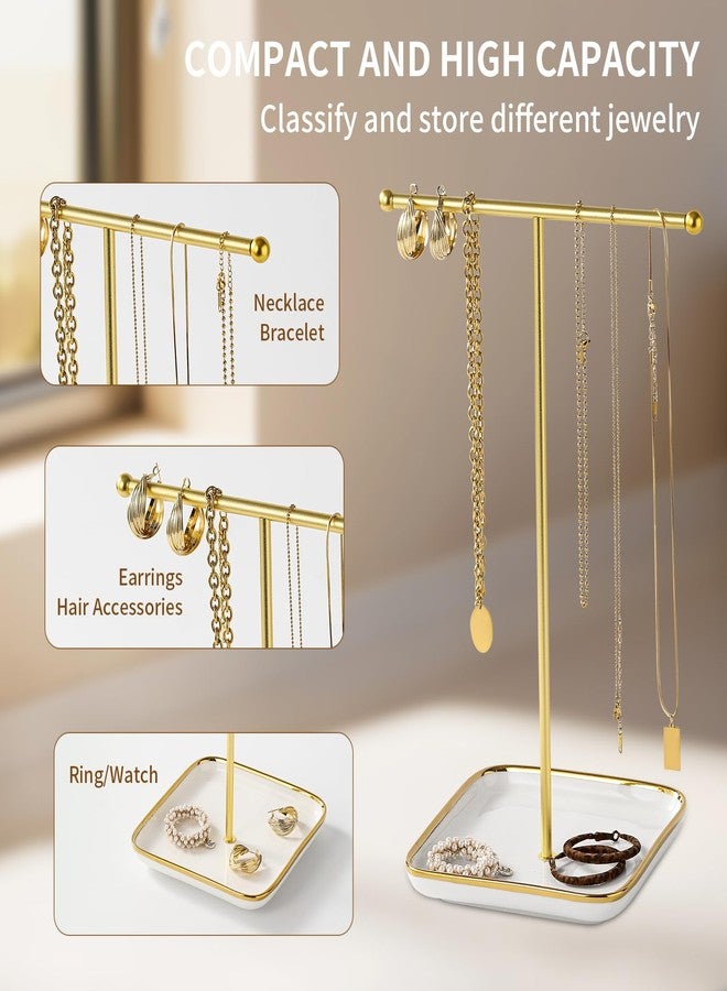 Leijosya modern T-shaped jewelry rack, jewelry tower, gold metal, square ceramic base decoration display tower, necklace, bracelet, ring storage rack (1-layer ceramic disc) - Image 5