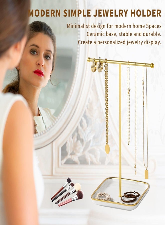 Leijosya modern T-shaped jewelry rack, jewelry tower, gold metal, square ceramic base decoration display tower, necklace, bracelet, ring storage rack (1-layer ceramic disc) - Image 2