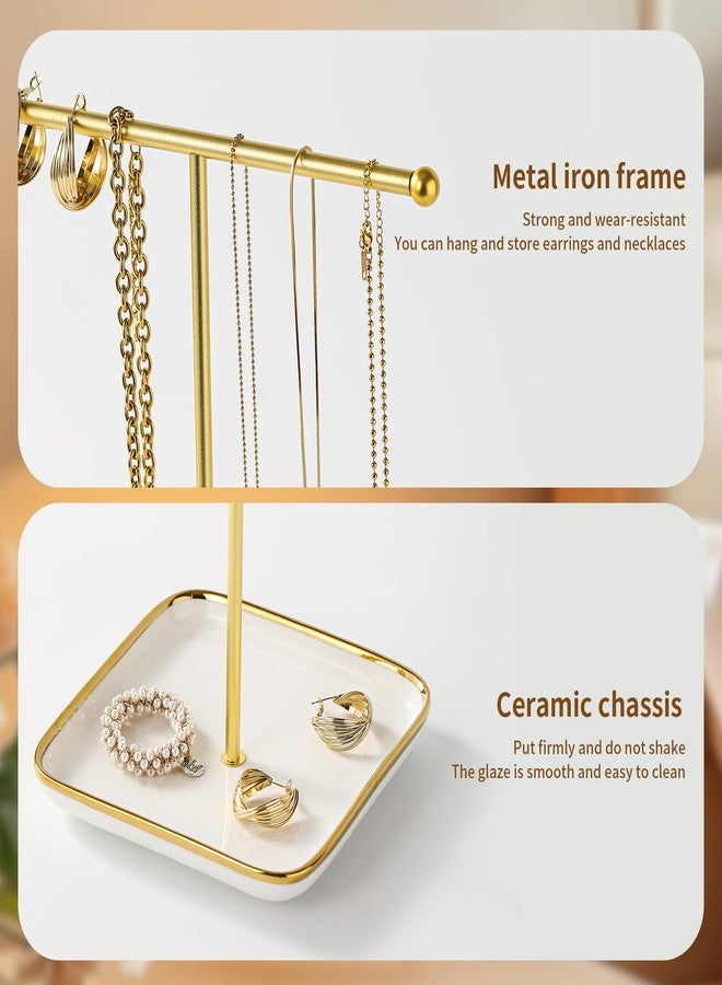 Leijosya modern T-shaped jewelry rack, jewelry tower, gold metal, square ceramic base decoration display tower, necklace, bracelet, ring storage rack (1-layer ceramic disc) - Image 4