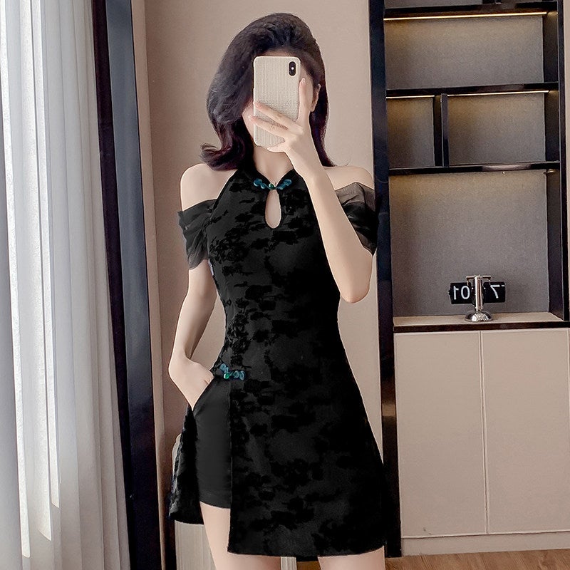 New Chinese-style national style apricot dress 2025 new summer young style temperament slim suit qipao short skirt women - Image 1