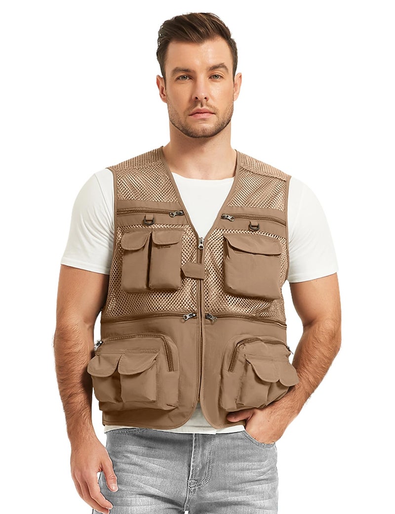 Flygo Men's Fishing Vest Utility Lightweight Outdoor Travel Safari Photo Cargo Vest with 16 pockets mesh Khaki M - Image 3