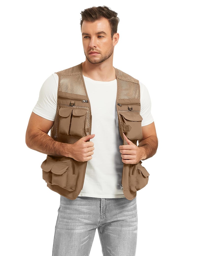 Flygo Men's Fishing Vest Utility Lightweight Outdoor Travel Safari Photo Cargo Vest with 16 pockets mesh Khaki M - Image 4