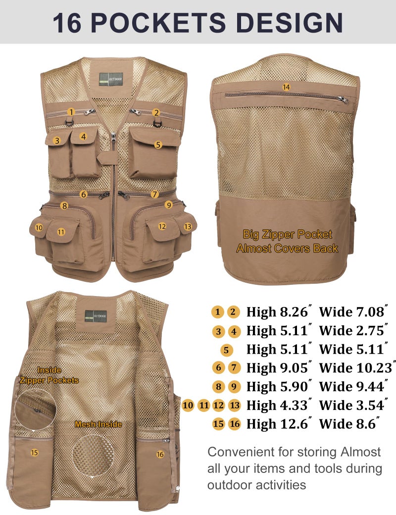 Flygo Men's Fishing Vest Utility Lightweight Outdoor Travel Safari Photo Cargo Vest with 16 pockets mesh Khaki M - Image 2