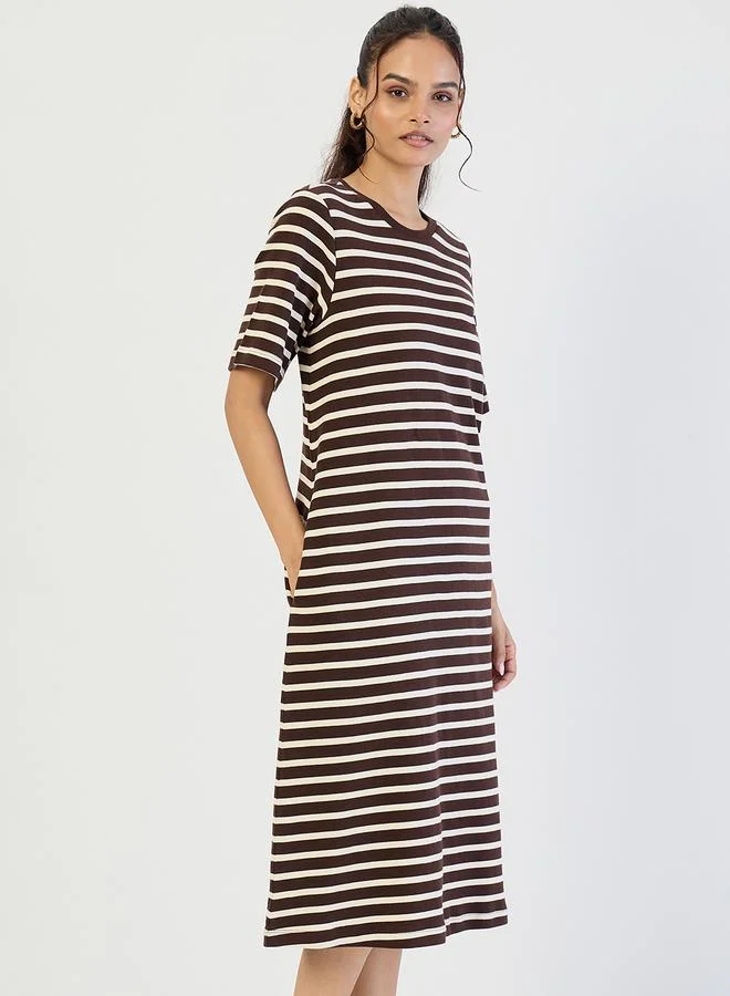 Femmella Brown Striped Knit Midi Dress