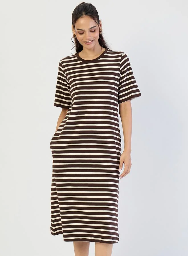 Femmella Brown Striped Knit Midi Dress