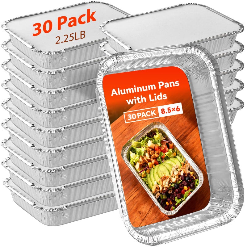 Homewarm Aluminum Foil Pans with Lids 225 LB To Go Food Containers Disposable Tin Foil Meal Prep Containers with Lids 30 Pans and 30 Cardboard Covers for Baking Freezer Food Storage 85 X 6 30 Pack - Image 2