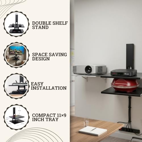 D&V ENGINEERING - Creative in innovation D&V Engineering Metal Double Shelf Wall Mount Stand for Set Top Box, WiFi Router, DVR & Speakers | Cable Management | 11 x 9 Inch Tray Size| Up to 2 kg per Shelf - Black - Image 4