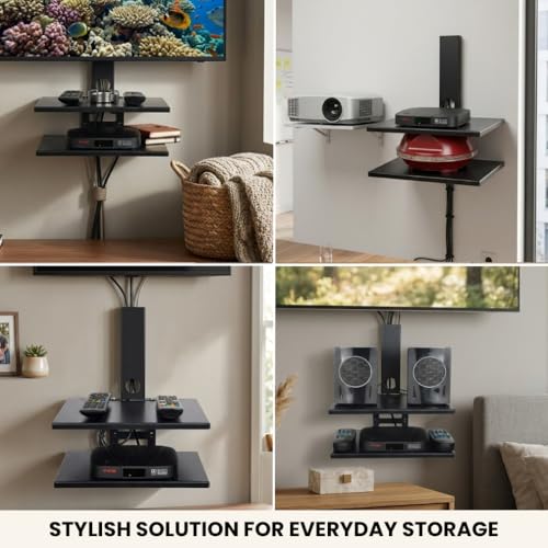 D&V ENGINEERING - Creative in innovation D&V Engineering Metal Double Shelf Wall Mount Stand for Set Top Box, WiFi Router, DVR & Speakers | Cable Management | 11 x 9 Inch Tray Size| Up to 2 kg per Shelf - Black - Image 5