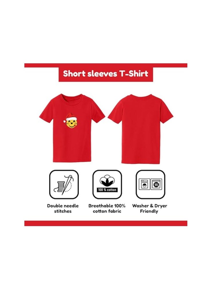 PRINTSHOP4ME - Christmas Emoji Kids Red T-Shirt For Boys–Soft Cotton Round Neck Short Sleeve T-Shirt With Smiley Face Emoji–Great For Parties - Image 1