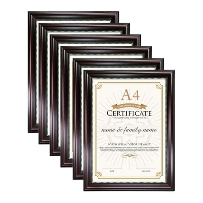إطار شهادة Decorhills A4، زجاج حقيقي، مثبت على الحائط وشاشة سطح الطاولة، ماهوجني مع خرز ذهبي، حجم الإطار 26.5x35.3 سم، عبوة من 6 قطع - Image 1