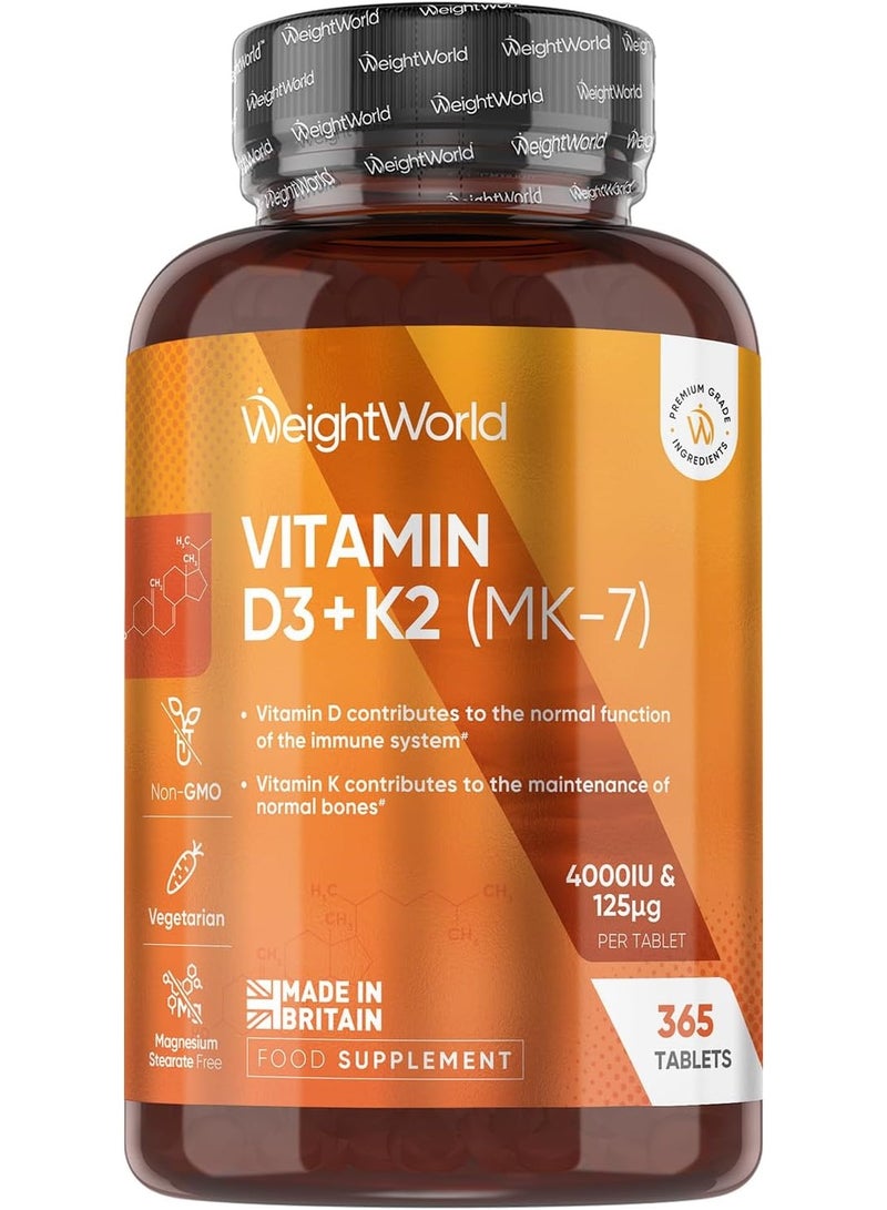 WeightWorld Vitamin D3 4000IU & K2 125μg (MK7) | 365 VIT D Tablets | 1 Year Supply | Easy to Swallow VIT D (6mm in Size) | 1 per Day | Cholecalciferol Form | Vitamin D3 K2 Supplements - Image 1