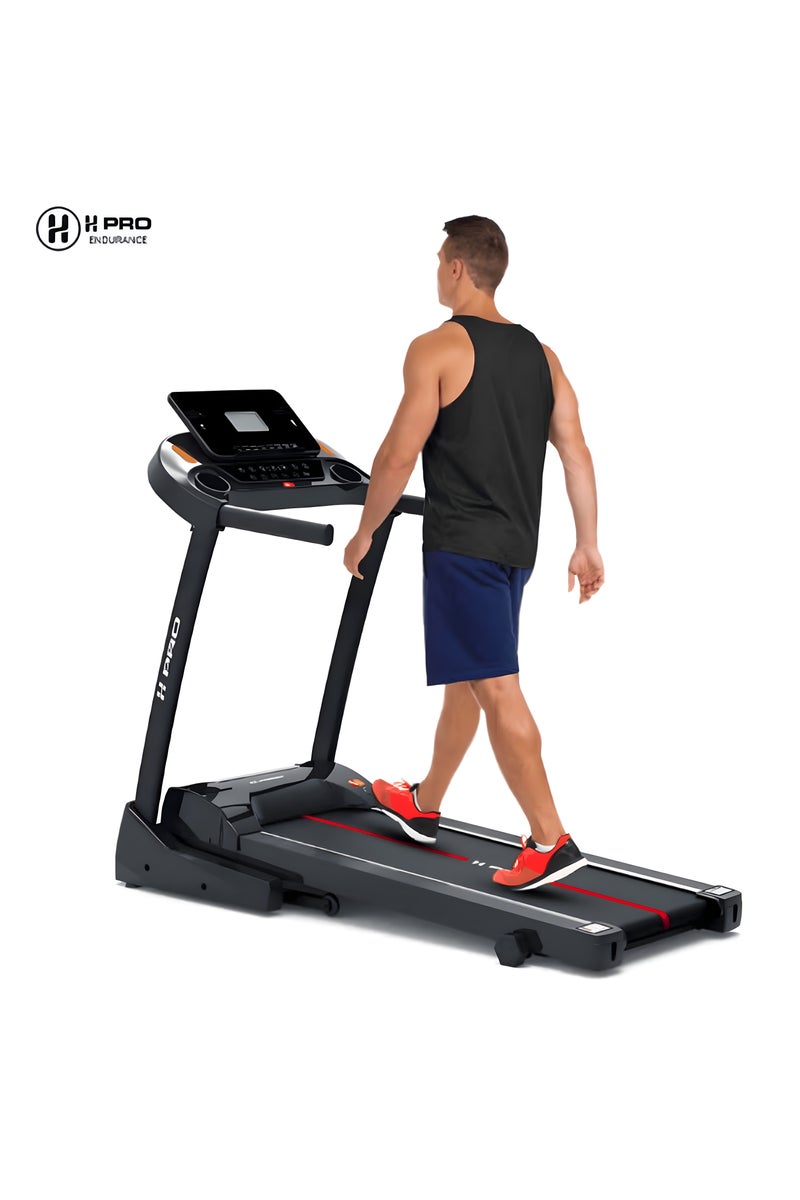 أتش برو جهاز مشي قابل للطي إتش برو HM798 بمحرك 1.75 حصان، سرعة تصل إلى 14 كم/س، مع 6 مستويات ميل يدوية، شاشة LCD مزودة بمستشعر النبض، وحزام جري مضاد للانزلاق، مناسب للاستخدام في الجيم المنزلي. - Image 1