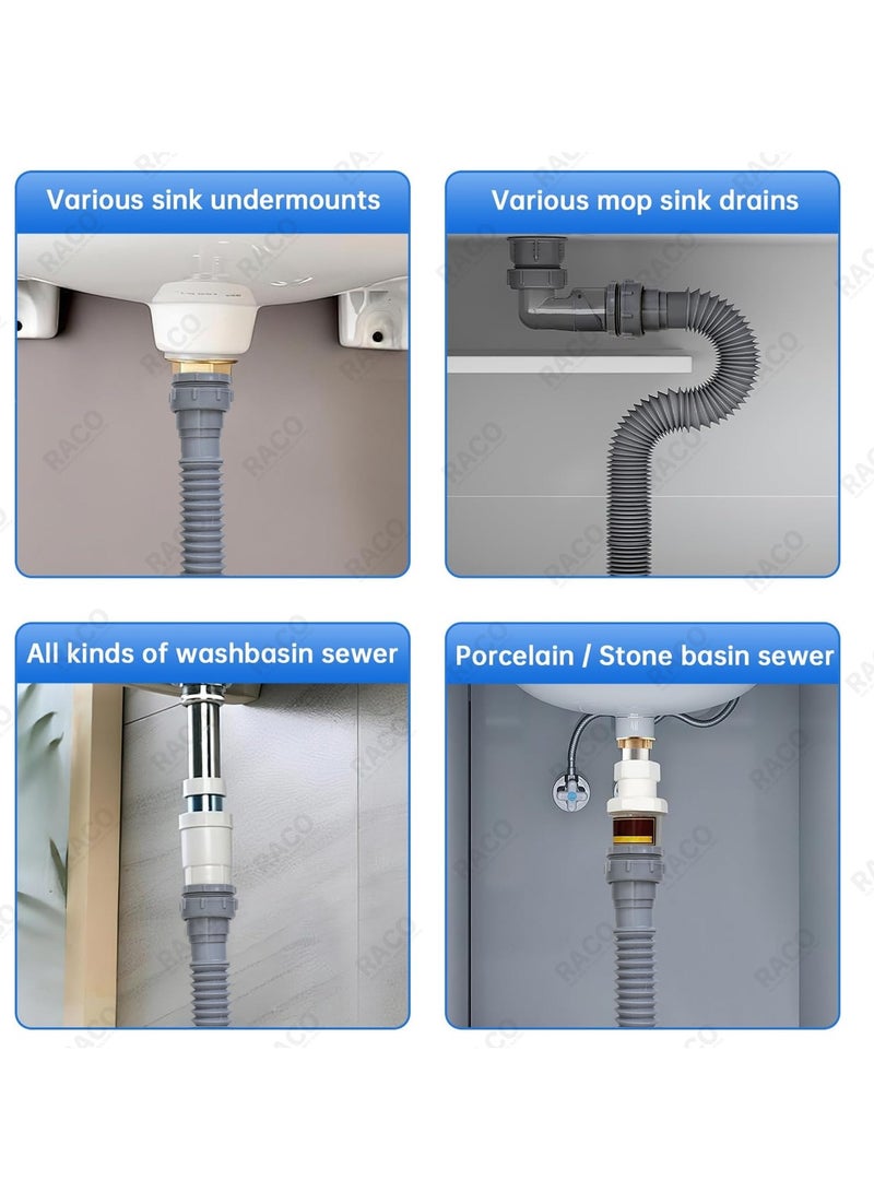 RACO Flexible Waste Pipe for Sink/Basin – Universal Fit, Extendable & Corrugated Drain Hose with Threaded Nut – Durable PVC| Anti-Clog Design |Grey|1.5 Inch|1-1/4" Adapter Included - Image 5