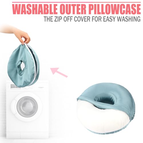 BNRendles Satin Ear Piercing Pillow Removable Cover Luxury Cnh Pillow with Ear Holes for Ear Pain Side Sleepers Washable Large Donut Pillows Head Neck Support Turquoise - Image 3