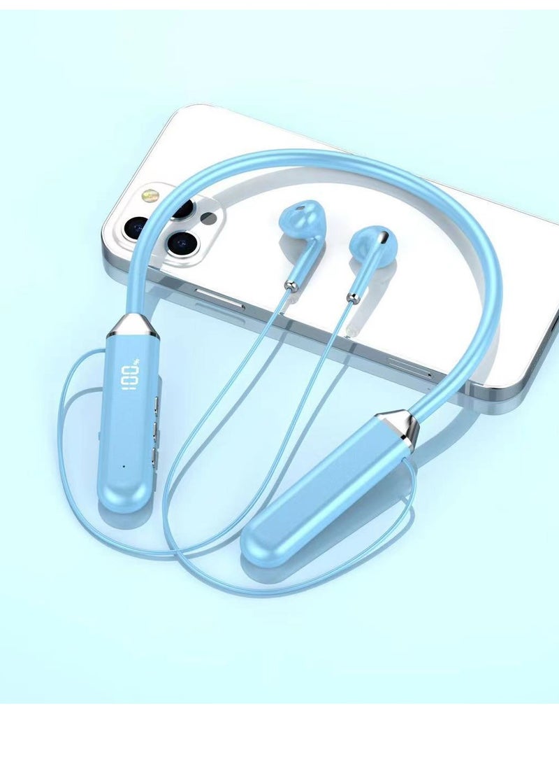 GELESE GELESE Wireless Digital Display Bluetooth Headphones Neck-mounted Sports Headphones Binaural Semi-In-Ear Universal Long Standby (Blue)  - Image 1