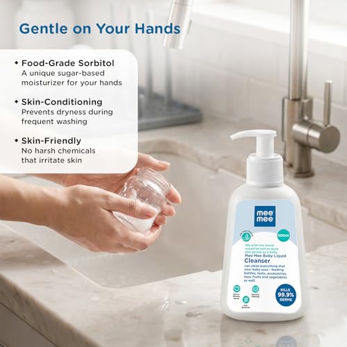 Mee Mee Baby Liquid Cleanser 500 ml, Anti-Bacterial Kills 99.9% Germs | for Bottles, Nipples, Accessories, Toys, Fruits & Vegetables | No Alcohol, Dermatologically Tested - Image 5