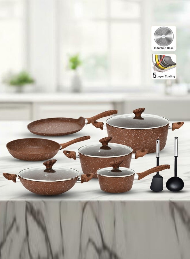 Easy Cook 12 Pieces Smart Cookware Set | Granite Coated Forged Aluminum Body Tempered Glass Lid With Wide Stainless Steel | Brown  - Image 4