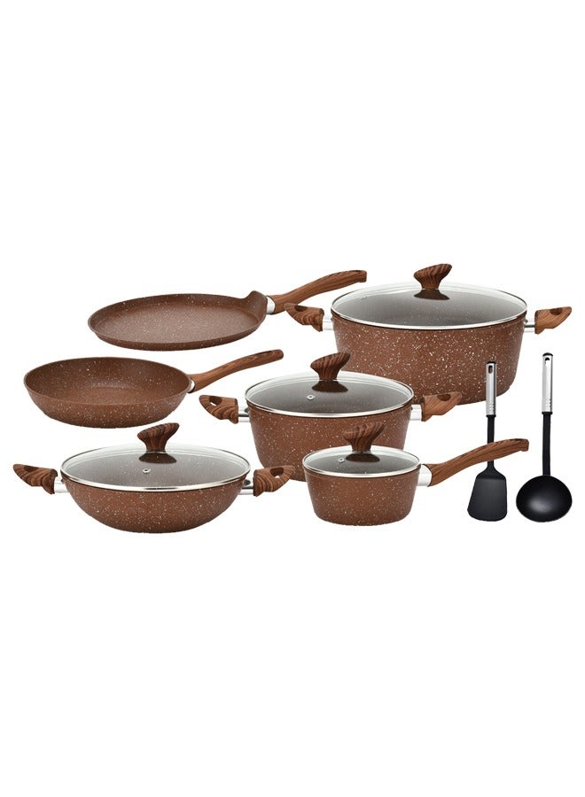 Easy Cook 12 Pieces Smart Cookware Set | Granite Coated Forged Aluminum Body Tempered Glass Lid With Wide Stainless Steel | Brown  - Image 5