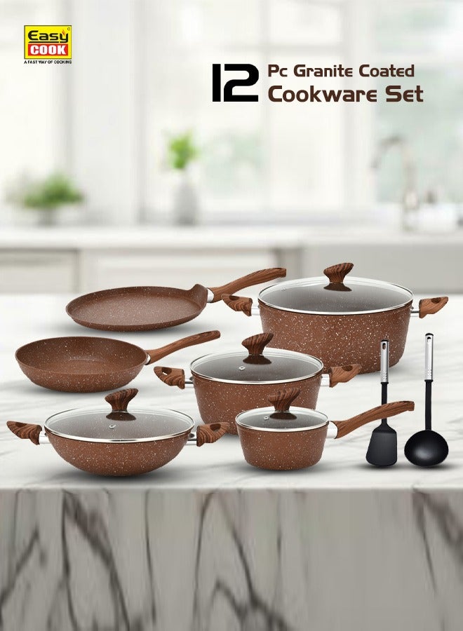 Easy Cook 12 Pieces Smart Cookware Set | Granite Coated Forged Aluminum Body Tempered Glass Lid With Wide Stainless Steel | Brown  - Image 3