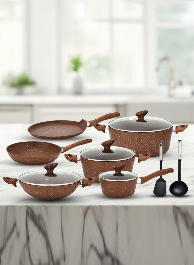 Easy Cook 12 Pieces Smart Cookware Set | Granite Coated Forged Aluminum Body Tempered Glass Lid With Wide Stainless Steel | Brown  - Image 1