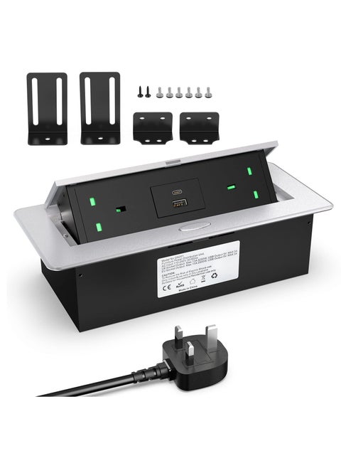مقبس طاقة مجوف مع USB C PD20W، مقبس طاقة مكتبي مع USB، مقبس منبثق من الألومنيوم لسطح العمل المكتبي، كابل 1.8 متر، ألومنيوم (3250 وات/13 أمبير)