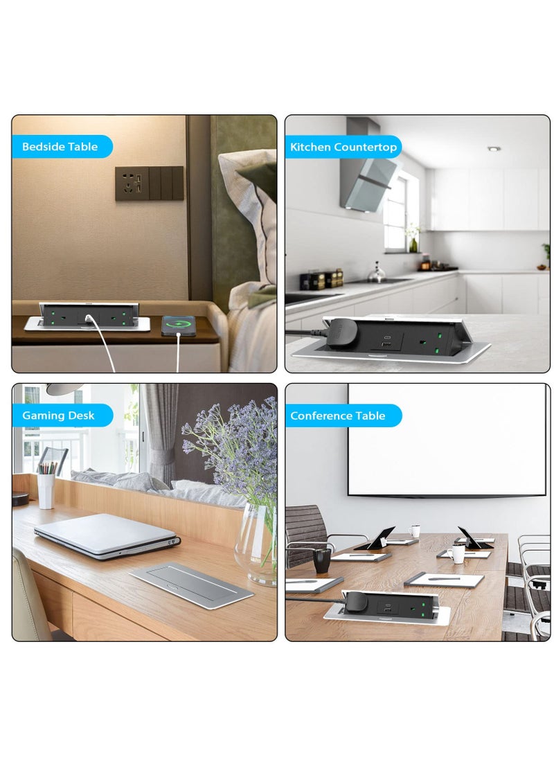 Excefore - مقبس طاقة مجوف مع USB C PD20W، مقبس طاقة مكتبي مع USB، مقبس منبثق من الألومنيوم لسطح العمل المكتبي، كابل 1.8 متر، ألومنيوم (3250 وات/13 أمبير) - Image 1