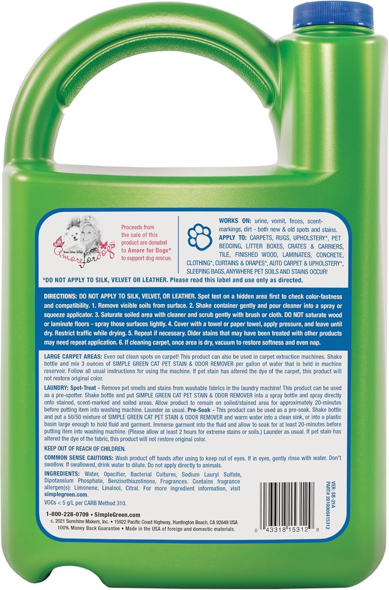 SIMPLE GREEN Cat Stain & Odor Remover - Enzyme Cleaner for Cat Urine, Feces, Blood, Vomit (1 Gallon Refill) - Image 2