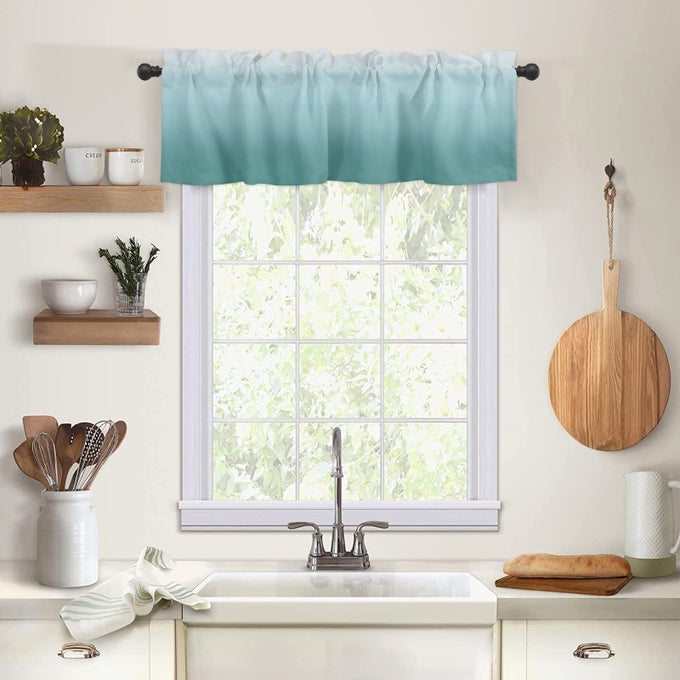 VALANCE CURTAINS FOR KITCHEN 54X18INCH OMBRE TEAL SHORT CURTAIN ROD POCKET FOR BEDROOM LIVING ROOMSINGLE PANEL DECOR VALANCES FOR WINDOWS TURQUOISE GREEN TEXTURE