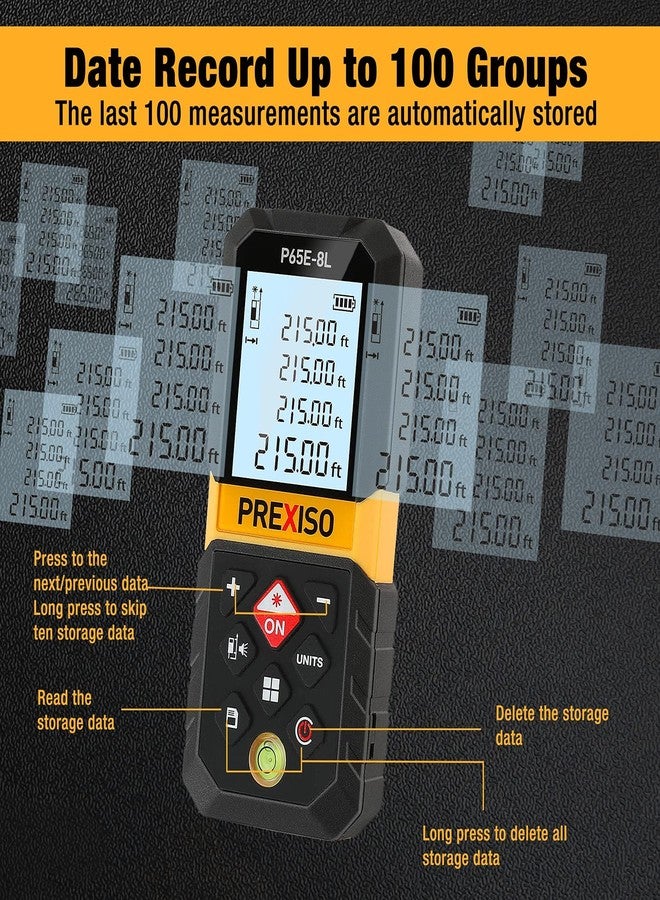 PREXISO Laser Measure, 215Ft Laser Measurement Tool with Entension for Diagonal Measuring Ft/Ft+in/in/M Units - Pythagorean Mode, Area Volume -100 Sets Data Storage, Medidor Laser Distance Meter - Image 5