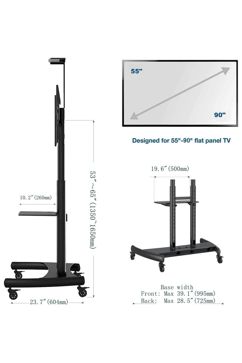 NB ERGONOMIC NB ERGONOMIC Heavy Duty Mobile TV Cart for 55–90 Inch Flat Panel TVs, Holds up to 90.9 kg, Rolling Stand with Lockable Wheels, Adjustable Height, Camera Tray, AV Shelf, VESA 200x200–800x500mm, Black | AVA1800-70-1P  - Image 3