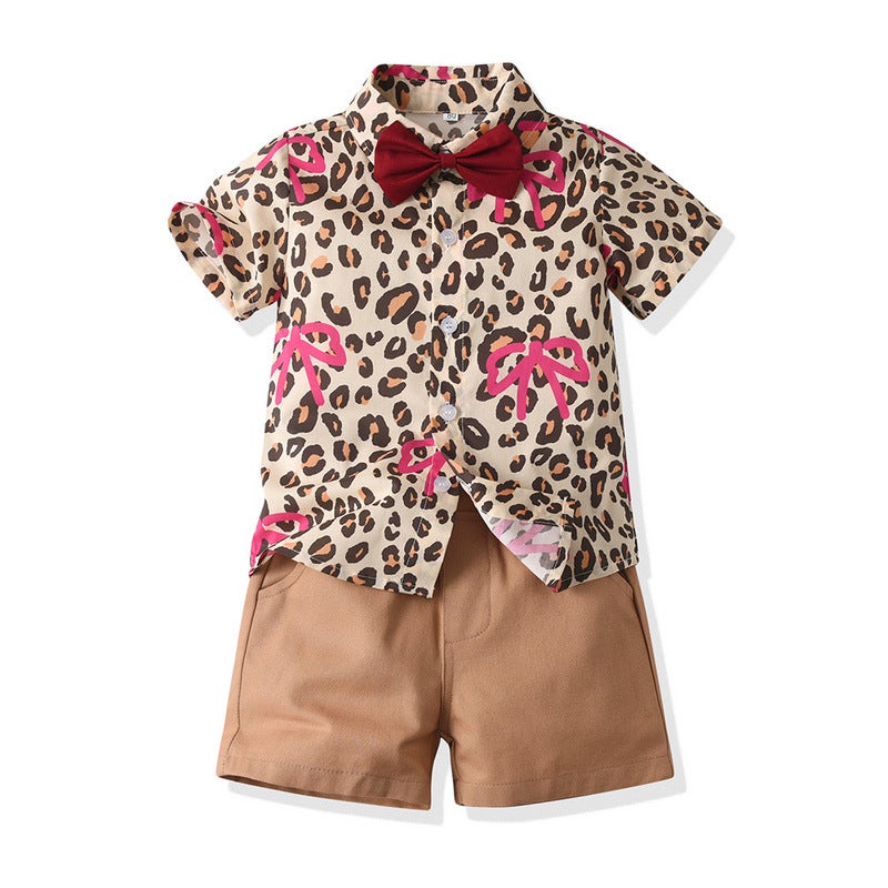 Retro Beach Short-Sleeved Floral Shirt Suit Summer Trendy Leopard Print Cardigan Casual Shorts Two-Piece Set - Image 5