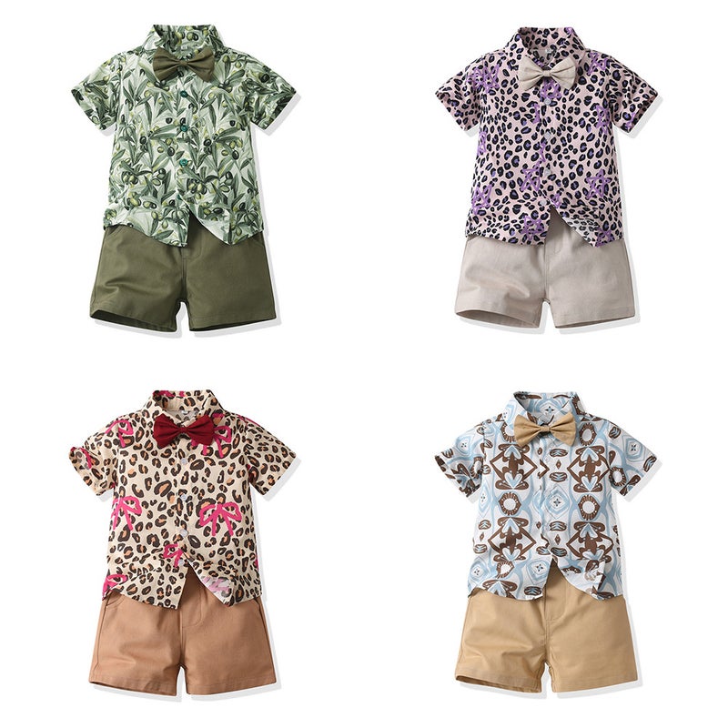Retro Beach Short-Sleeved Floral Shirt Suit Summer Trendy Leopard Print Cardigan Casual Shorts Two-Piece Set - Image 2