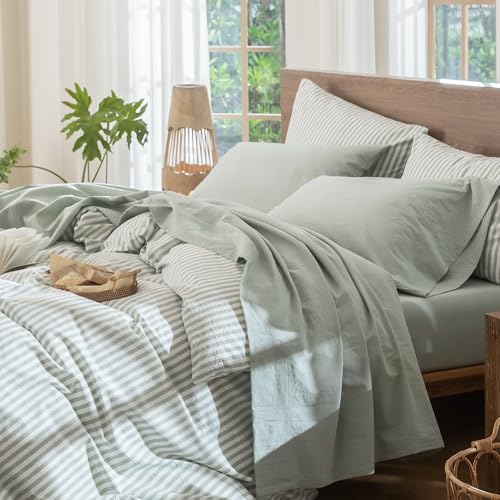 MooMee Bedding Sheet Set 100 Washed Cotton Linen Like Textured Breathable Durable Soft Comfy Heathered Sage Green King