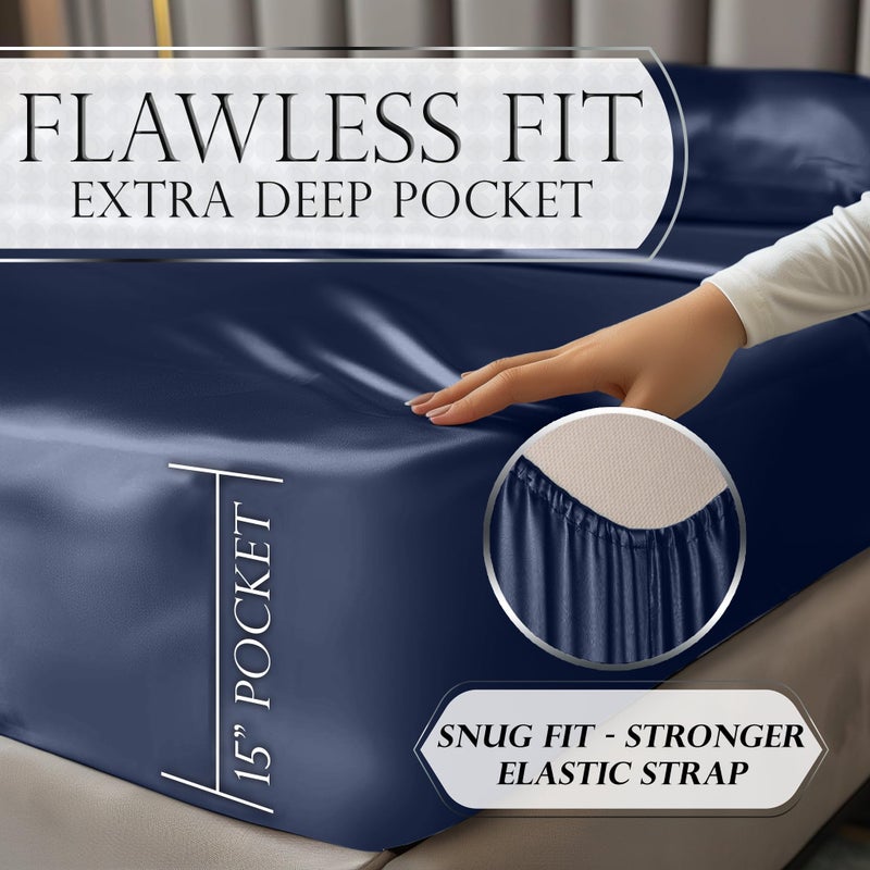 DECOLURE Satin Sheets Full Size Bed Set 4 Pcs - Elegant Satin Bed Sheets w/ 15 inch Deep Pocket - Hypoallergenic  Double Stitching  Wrinkle Free - Silky & Luxuriously Soft Satin Bedding (Navy Blue) - Image 5