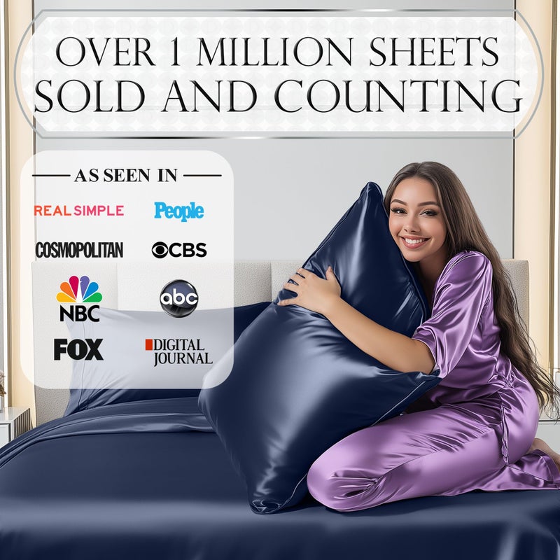 DECOLURE Satin Sheets Full Size Bed Set 4 Pcs - Elegant Satin Bed Sheets w/ 15 inch Deep Pocket - Hypoallergenic  Double Stitching  Wrinkle Free - Silky & Luxuriously Soft Satin Bedding (Navy Blue) - Image 4