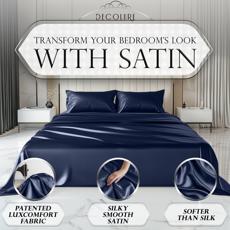 DECOLURE Satin Sheets Full Size Bed Set 4 Pcs - Elegant Satin Bed Sheets w/ 15 inch Deep Pocket - Hypoallergenic  Double Stitching  Wrinkle Free - Silky & Luxuriously Soft Satin Bedding (Navy Blue) - Image 2