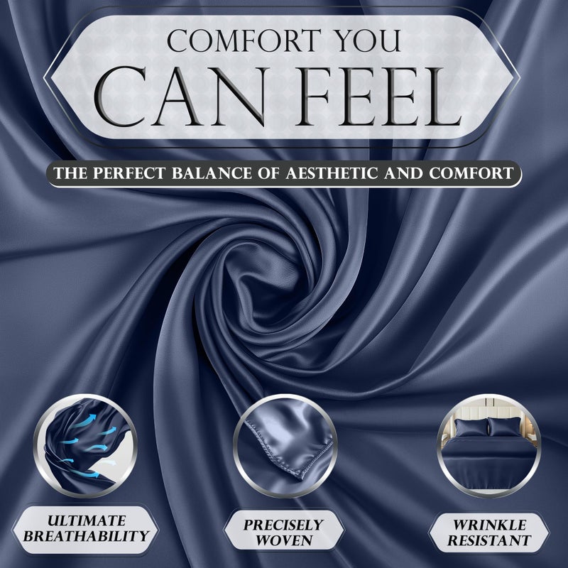 DECOLURE Satin Sheets Full Size Bed Set 4 Pcs - Elegant Satin Bed Sheets w/ 15 inch Deep Pocket - Hypoallergenic  Double Stitching  Wrinkle Free - Silky & Luxuriously Soft Satin Bedding (Navy Blue) - Image 3