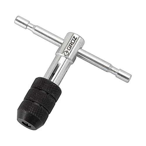 GROZ Tap Wrench with T-Type Handle for use in Hard to Reach Areas| Ideal for Holding Taps, Reamers, Screw Extractors & Other Small Hand Turned Tools| Hardened Steel Jaws| Tap Size: M2-M5| TW/3-16 - Image 1