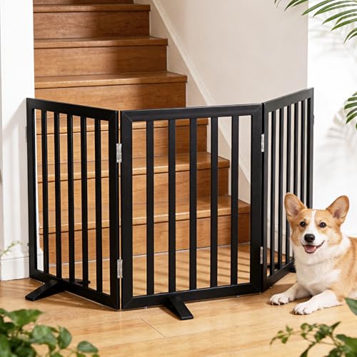 ZJSF Freestanding Indoor Dog Gate for House Foldable Wood Puppy Gate for Doorways Pet Gate for Stairs Extra Wide Pet Fence Black 24 Height 3 Panels - Image 3