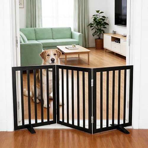 ZJSF Freestanding Indoor Dog Gate for House Foldable Wood Puppy Gate for Doorways Pet Gate for Stairs Extra Wide Pet Fence Black 24 Height 3 Panels - Image 1
