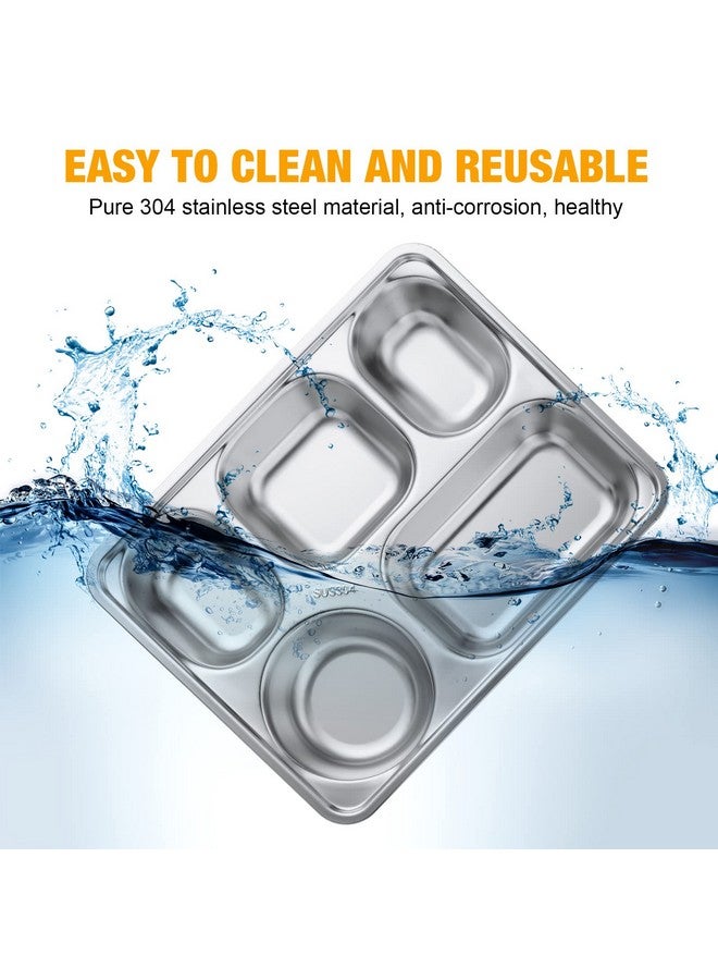 Foaincore Foaincore 8 Pieces Stainless Steel Divided Dinner Tray Rectangular 5 Sections Dinner Plates Metal Portion Control Plate Divided Plates Campers Compartment Plates Serving Plate Dividers  - Image 5
