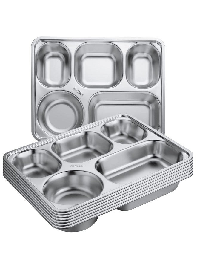 Foaincore Foaincore 8 Pieces Stainless Steel Divided Dinner Tray Rectangular 5 Sections Dinner Plates Metal Portion Control Plate Divided Plates Campers Compartment Plates Serving Plate Dividers  - Image 1