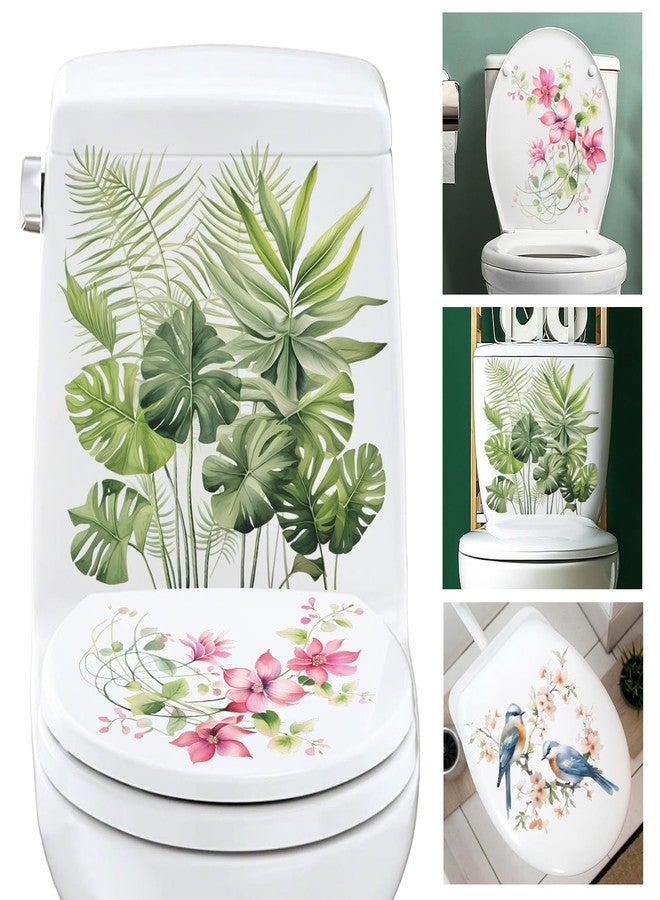 LiveGallery 3PCS Birds and Flowers Bathroom Toilet Seat Wall Sticker Self-Adhesive Pink Purple Floral Toilet Lid Decals DIY Removable Watercolor Bouquet Toilets Stickers for Cistern Bathroom WC Restroom Decor (C) - Image 1