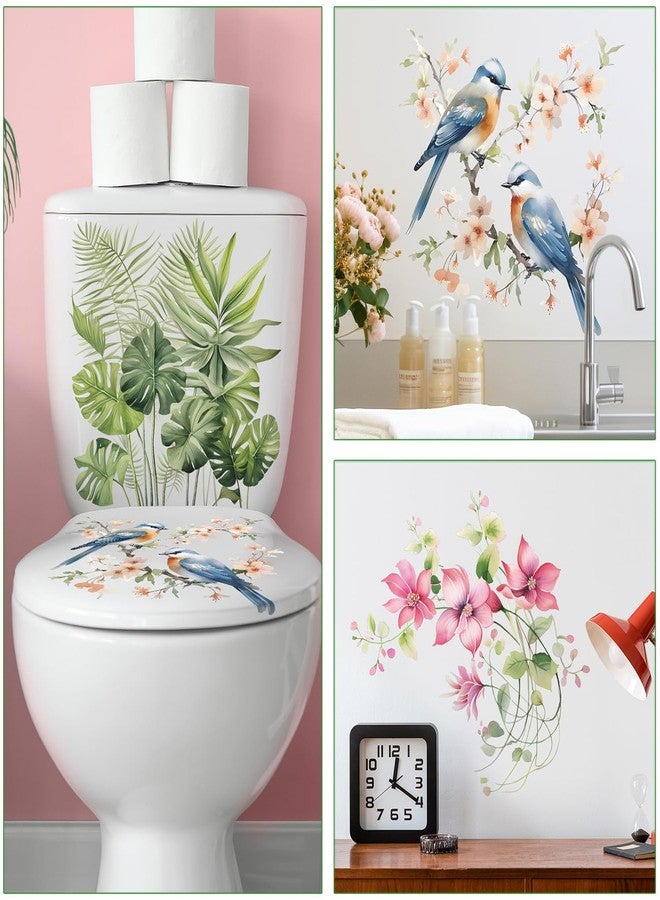 LiveGallery 3PCS Birds and Flowers Bathroom Toilet Seat Wall Sticker Self-Adhesive Pink Purple Floral Toilet Lid Decals DIY Removable Watercolor Bouquet Toilets Stickers for Cistern Bathroom WC Restroom Decor (C) - Image 5